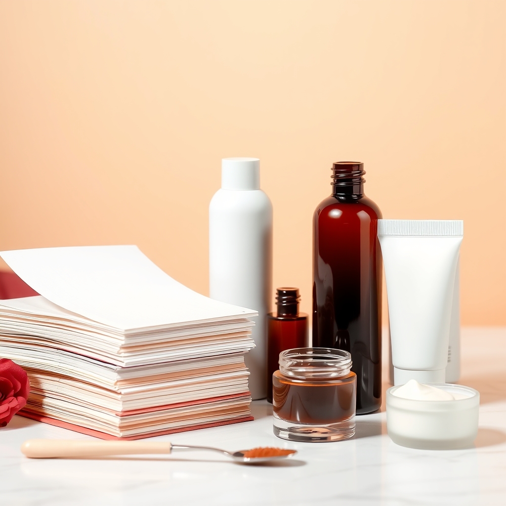 Sample jars and swatch cards used during cosmetic formula sampling