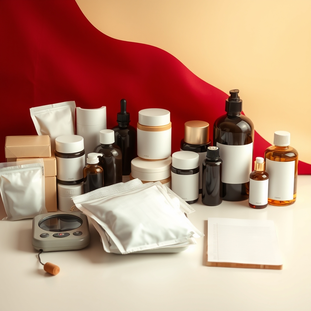 Sampel bahan kosmetik dan timbangan kecil di meja laboratorium