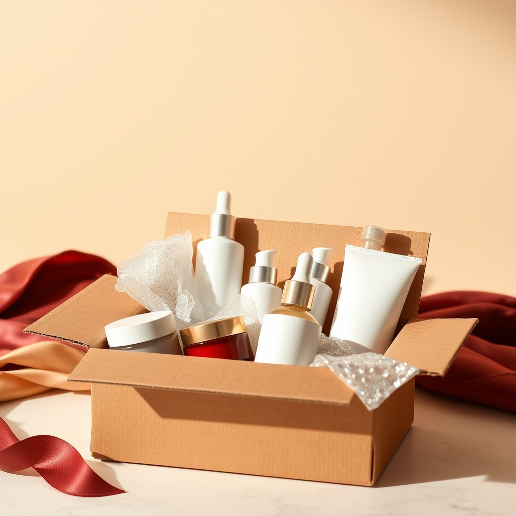 Kardus pengiriman berisi botol skincare terbungkus