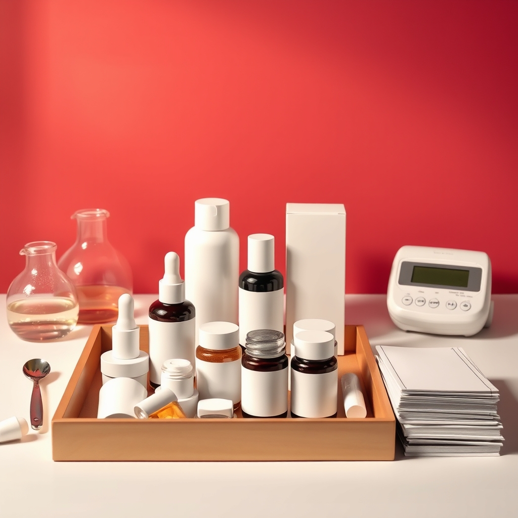 Cosmetic samples and ingredients on a lab bench during OEM development
