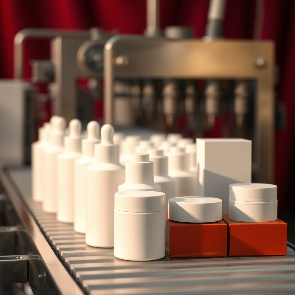 Unlabelled cosmetic bottles on an OEM production line