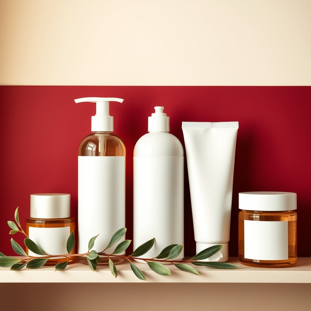 Pump bottles forming a scalp care routine on a shelf